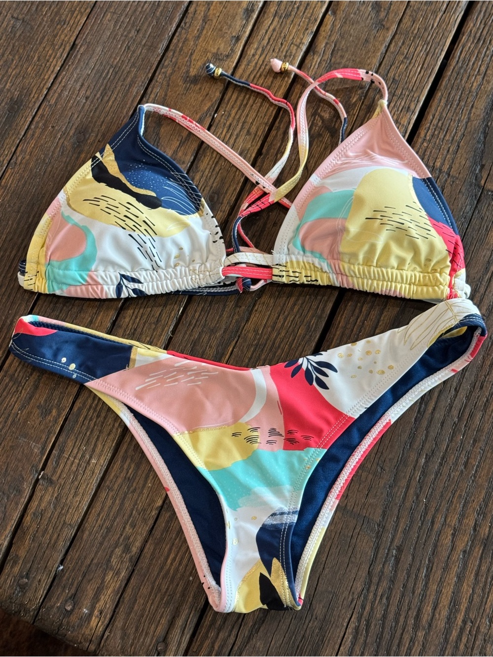 Bingo Surf Bikini Swimsuit - Colorful Abstract Print, White Blue Pink Yellow - M